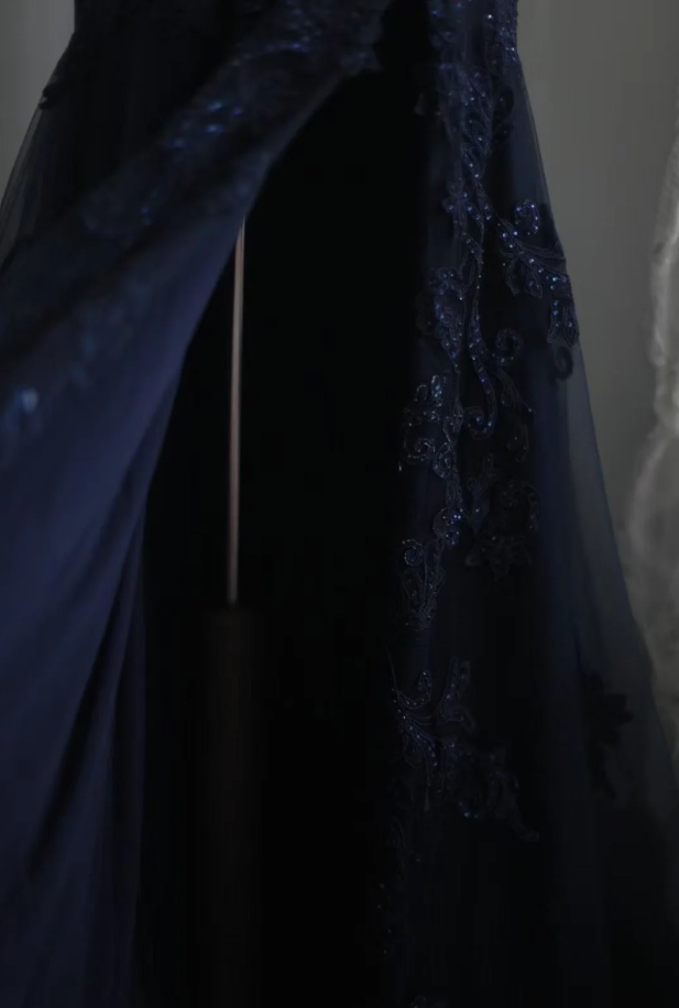 Elegant Spaghetti Straps Navy Blue Tulle Lace Appliques Mermaid Evening Dress Birthday Outfits D1268