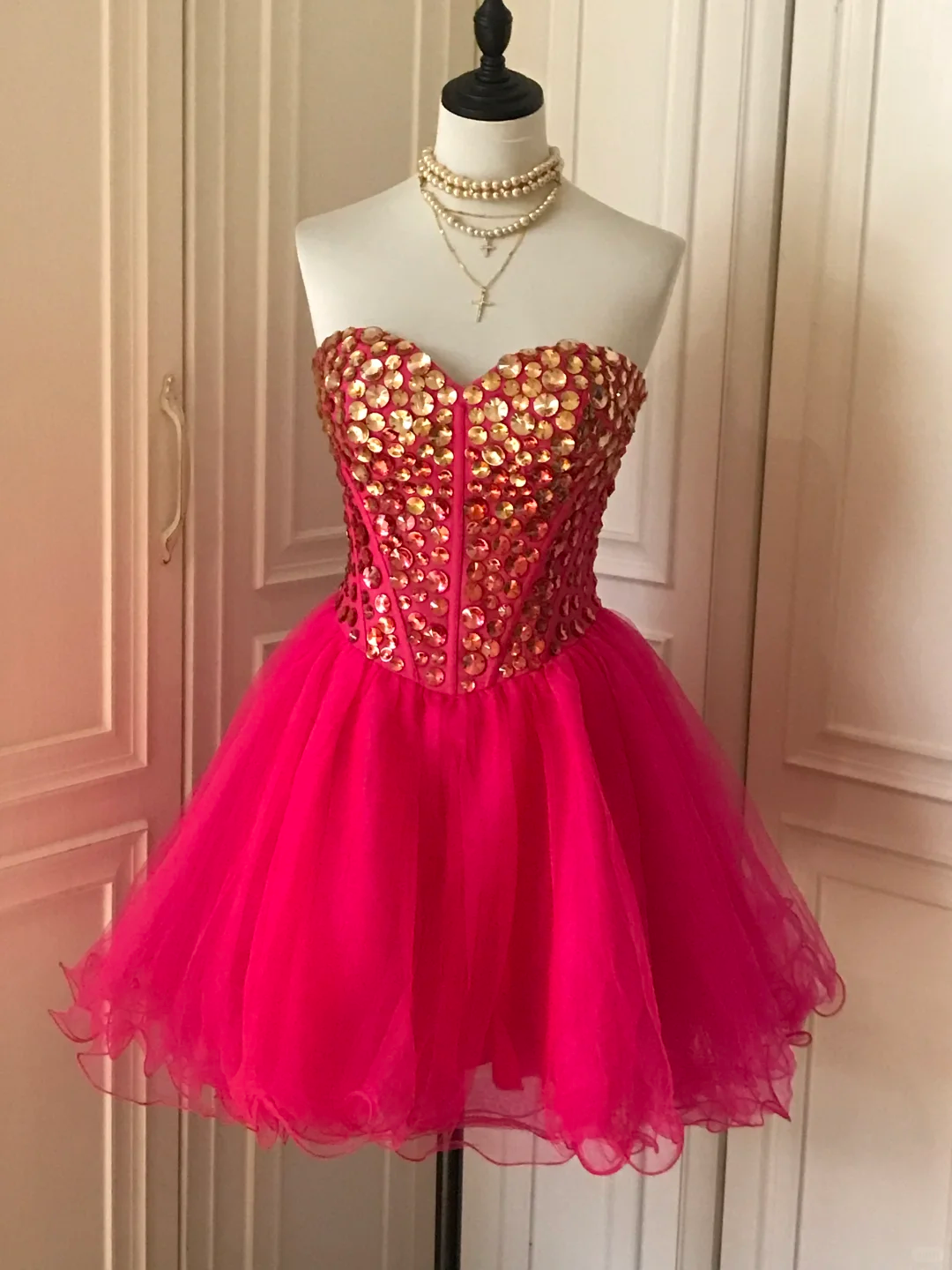 Gorgeous Strapless Red Tulle Beaded Formal Birthday Outfits Homecoming Dress S543