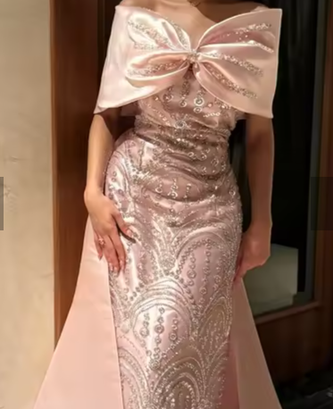 Pretty Pink Off The Shoulder Satin Beaded Long Prom Dress Birthday Party Gown D1206