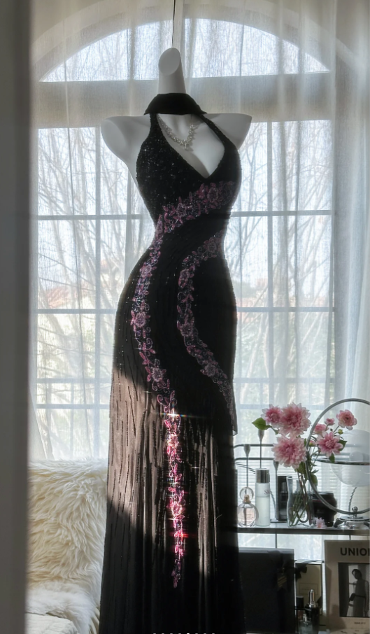 Charming Halter V Neck Black Chiffon Sequin Beaded Mermaid Long Evening Dress Formal Birthday Party Dress D1788