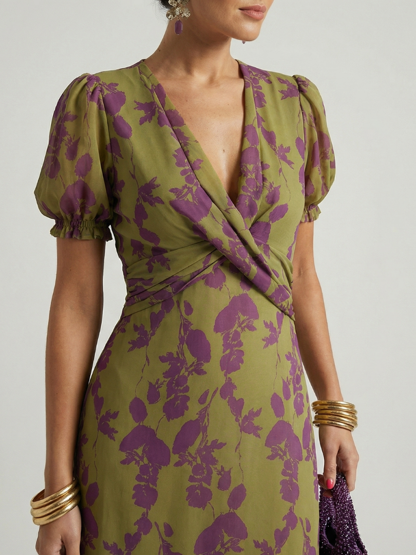 Floral Print Wrap V-Neck Puff Sleeve Midi Dress 3