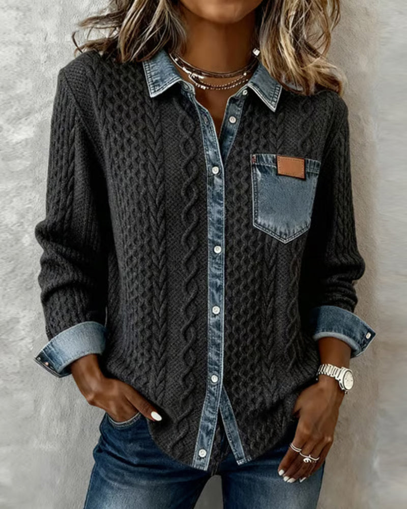 Collared Button Front Cable Knit Denim Contrast Shirt 5