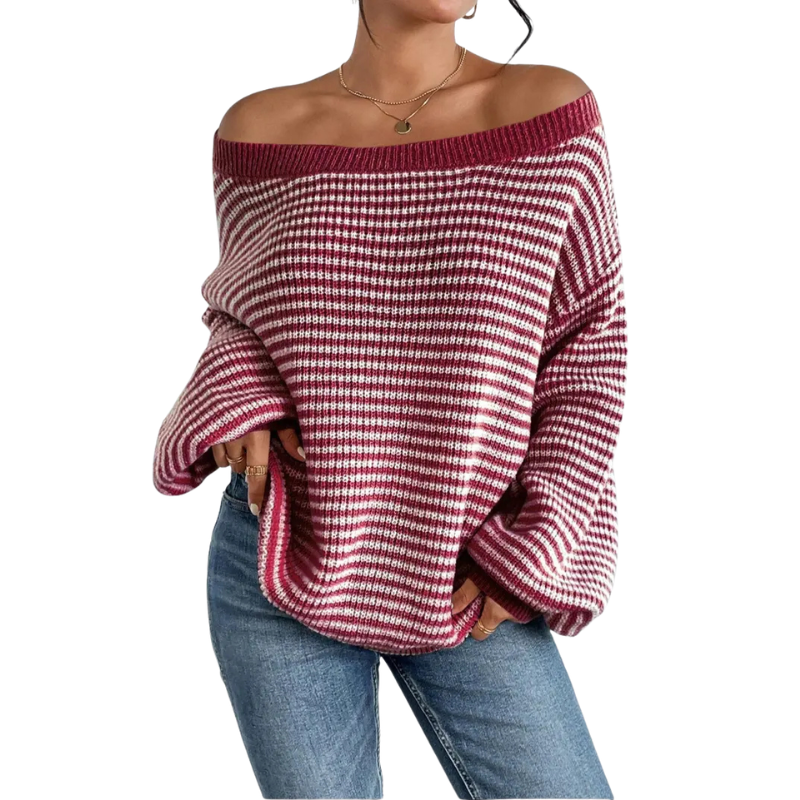 Off Shoulder Striped Drop Shoulder Oversized Sweater 3