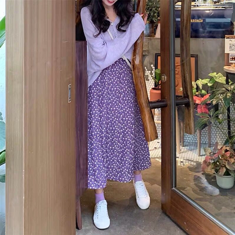 Flowers Pattern A-Line Chiffon Purple Skirts - Fashionpara