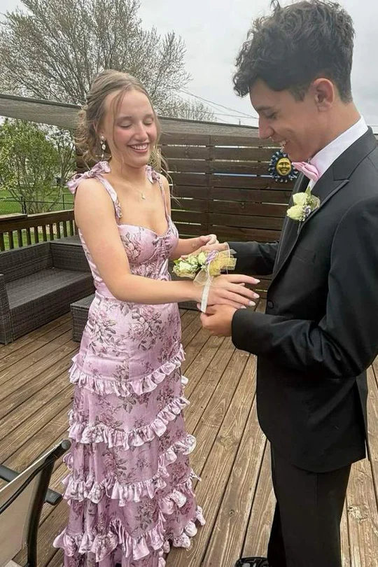 Elegant Double Straps Print Sleeveless Ruffles Prom Dress with Slit - Fashionpara