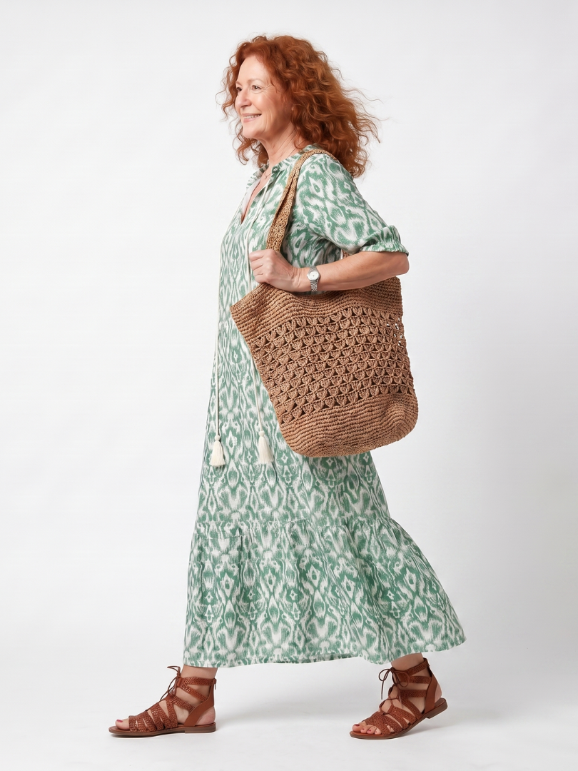 Ikat Print V-Neck Tassel Tie Tiered Midi Dress 2