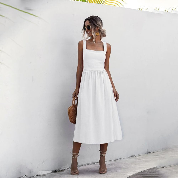 Sleeveless Square Neck Smocked Back A-Line Midi Summer Dress - View 2