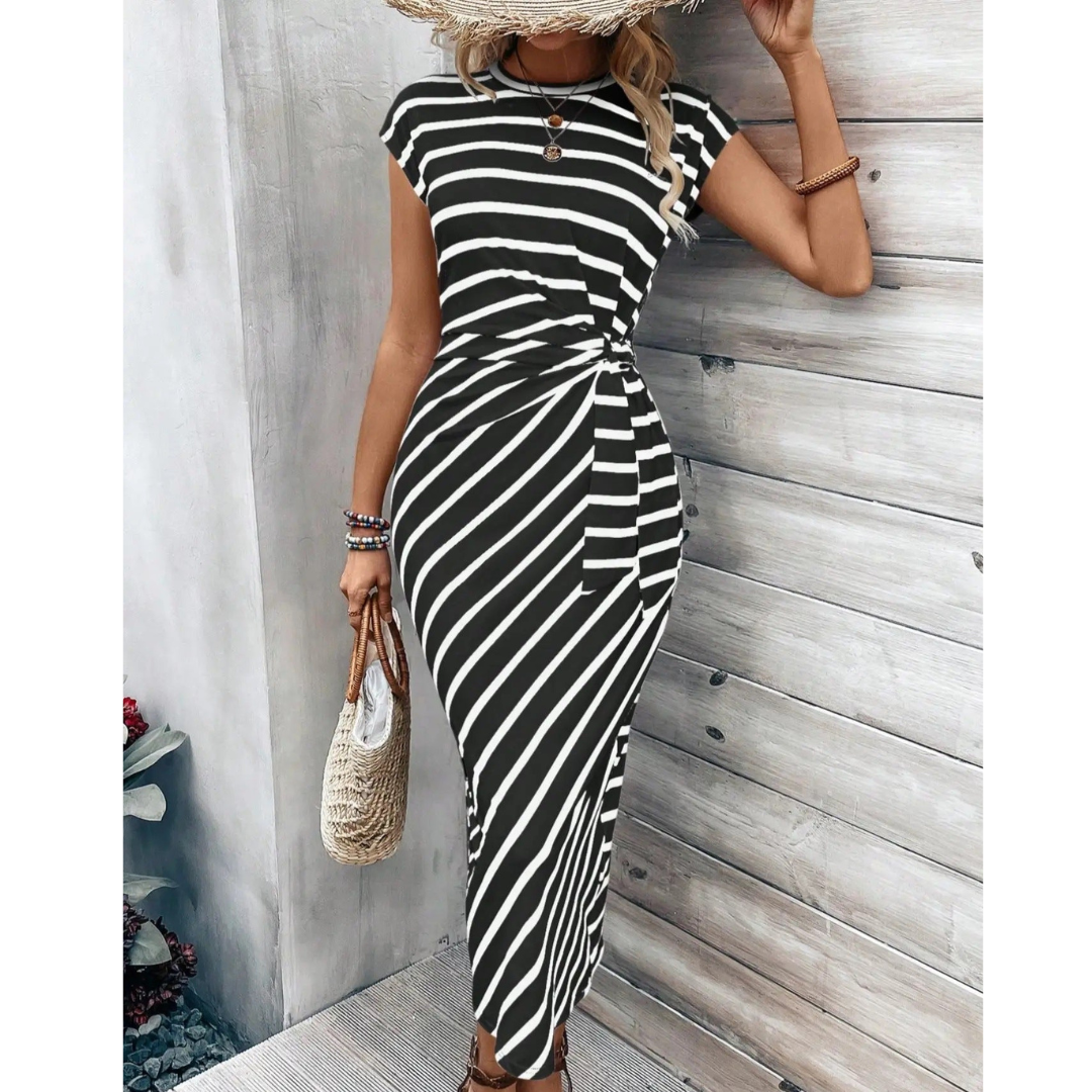 Striped Cap Sleeve Twist Front Bodycon Midi Dress 3