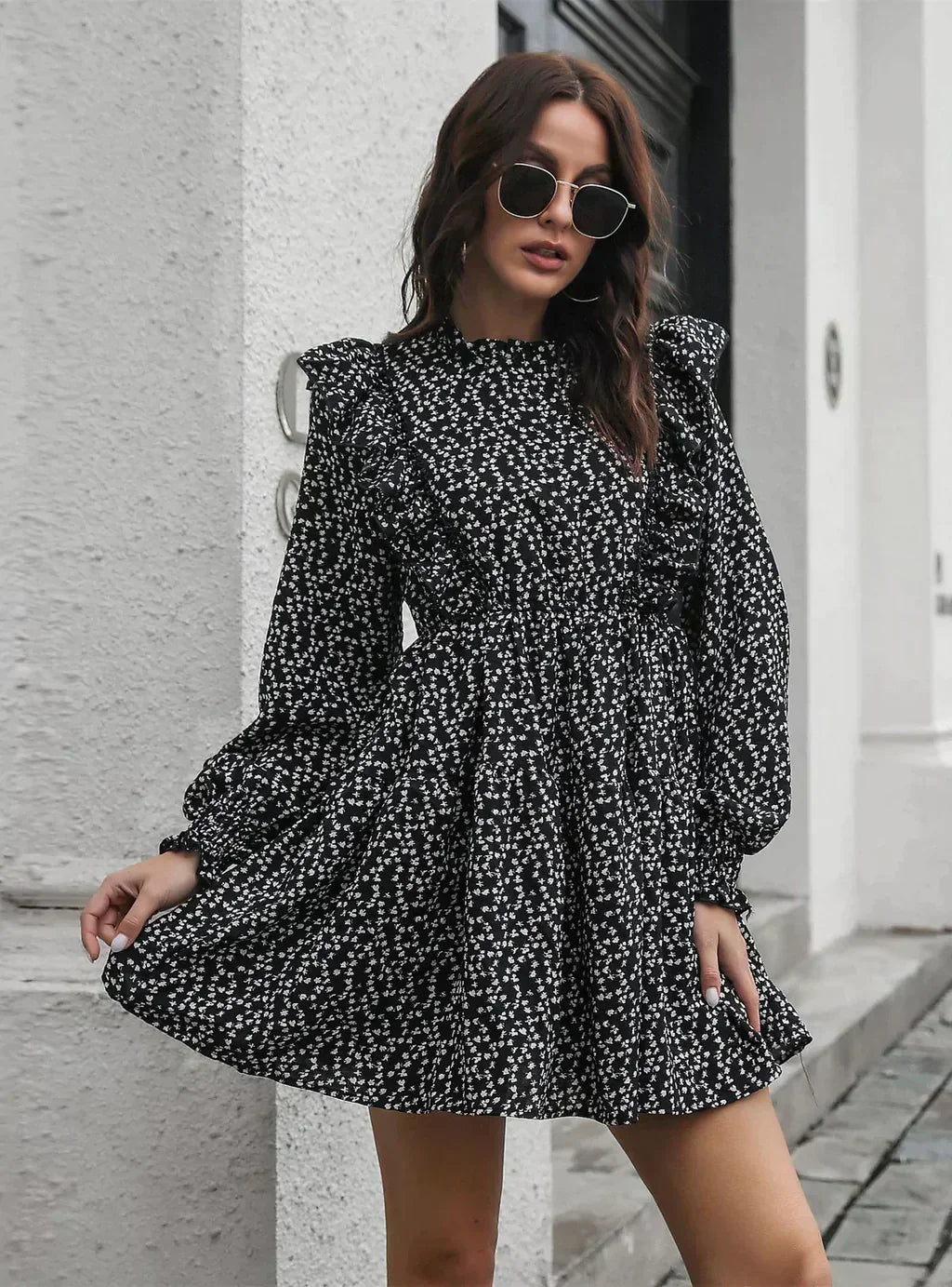 Ditsy Floral Long Sleeve Ruffle Tiered Mini Dress 6