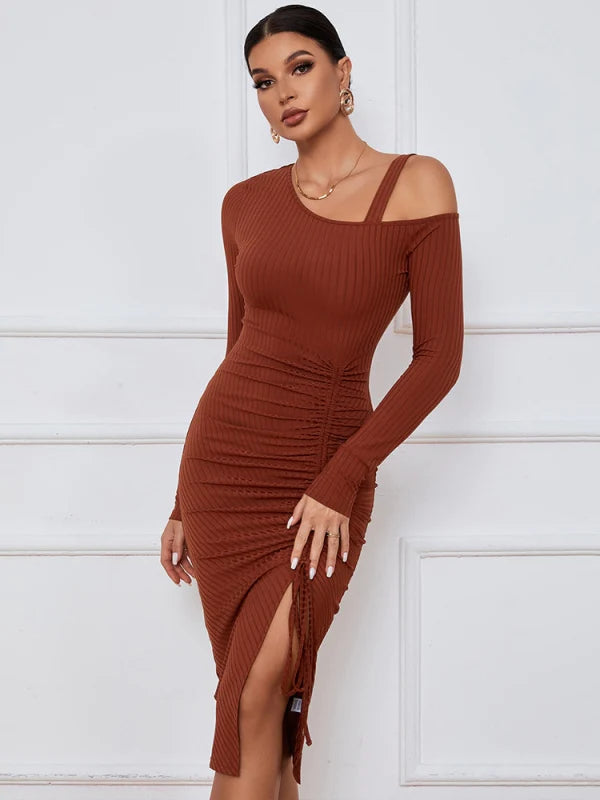 Ribbed Knit Long Sleeve Cold Shoulder Ruched Split Midi Dress 3
