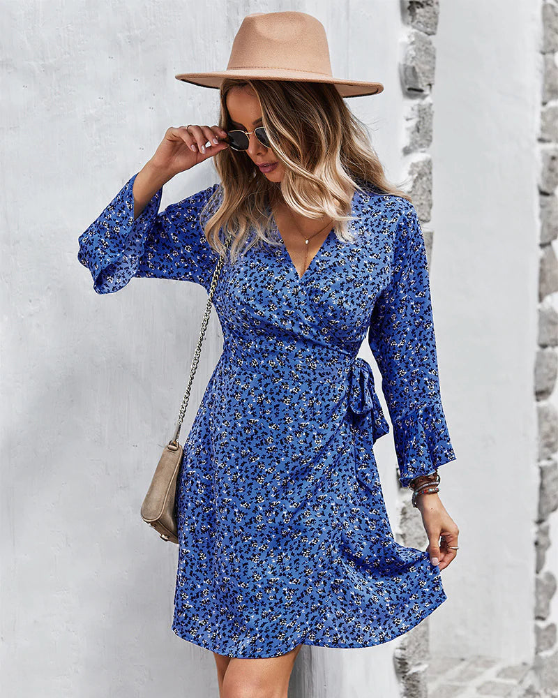Ditsy Floral V-Neck Long Sleeve Wrap Tie Waist Mini Dress