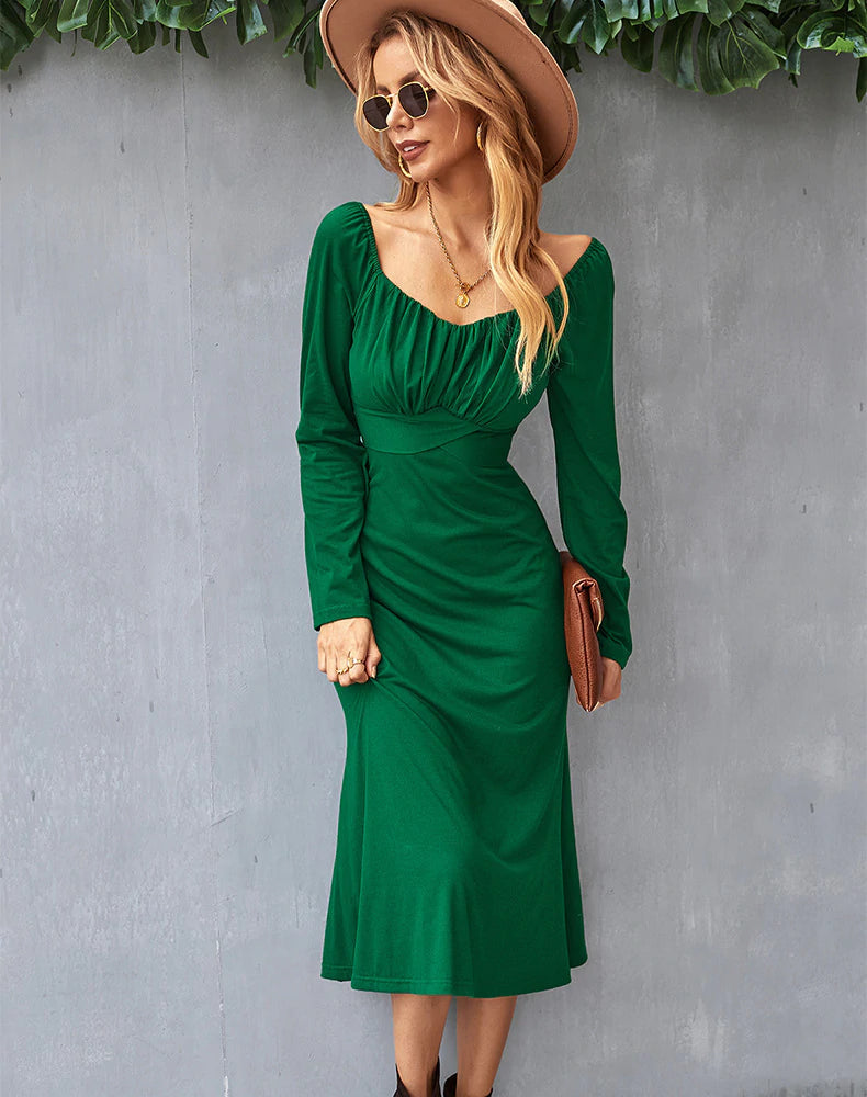 Ruched Sweetheart Long-Sleeve Fit-and-Flare Midi Dress 3