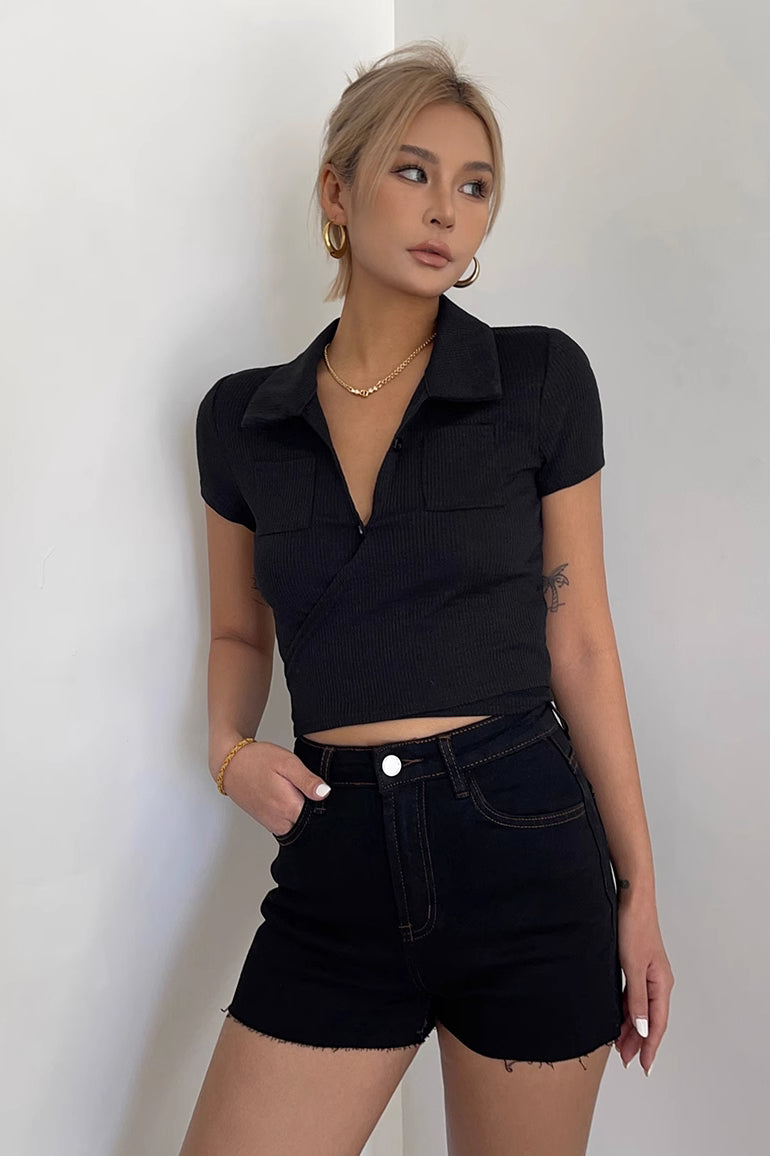 Ribbed Knit Crisscross Front Shirts Tops