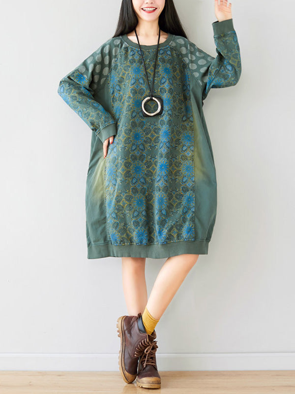 Crew Neck Printed Sweatshirt Dress - Fashionpara
