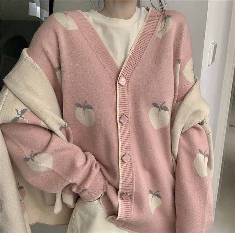 KittenAlarm - Peach Fruits Pattern Cute Cardigan Sweater