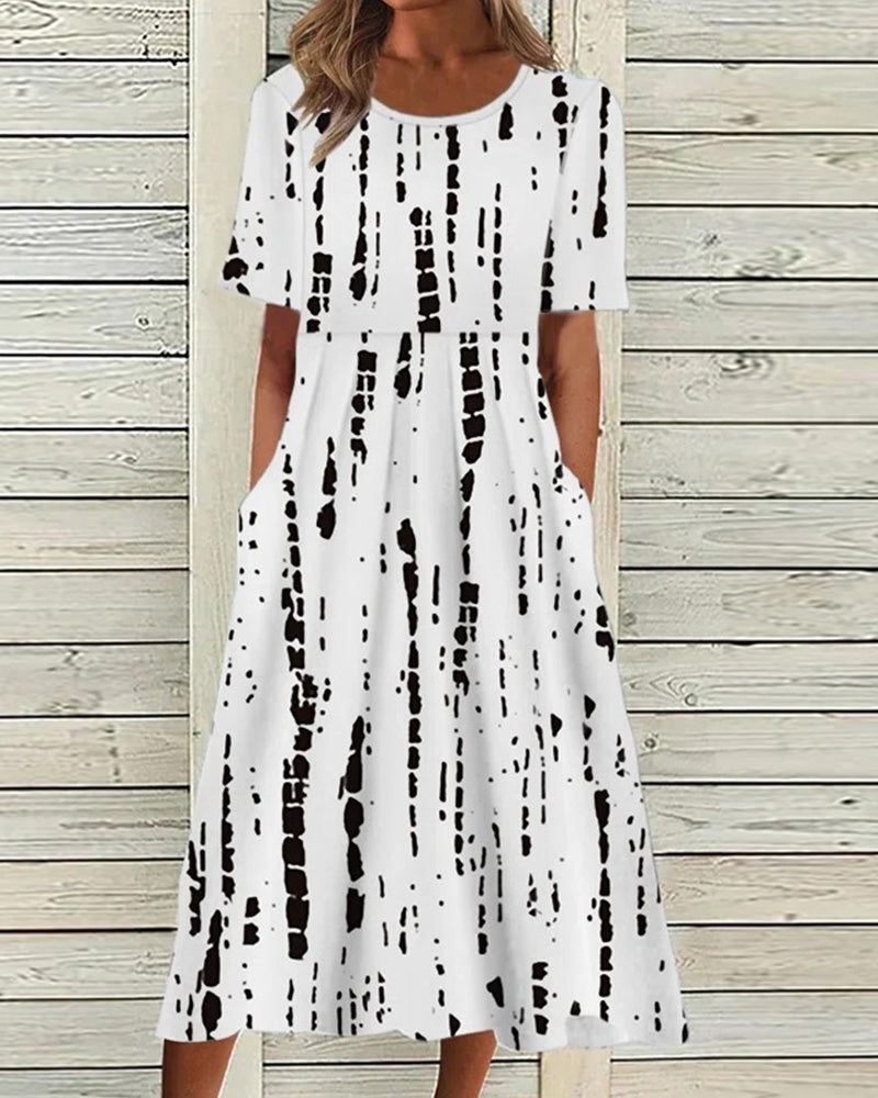 Floral Print Short Sleeve Round Neck Empire Waist Pocket Midi Dress - View 2