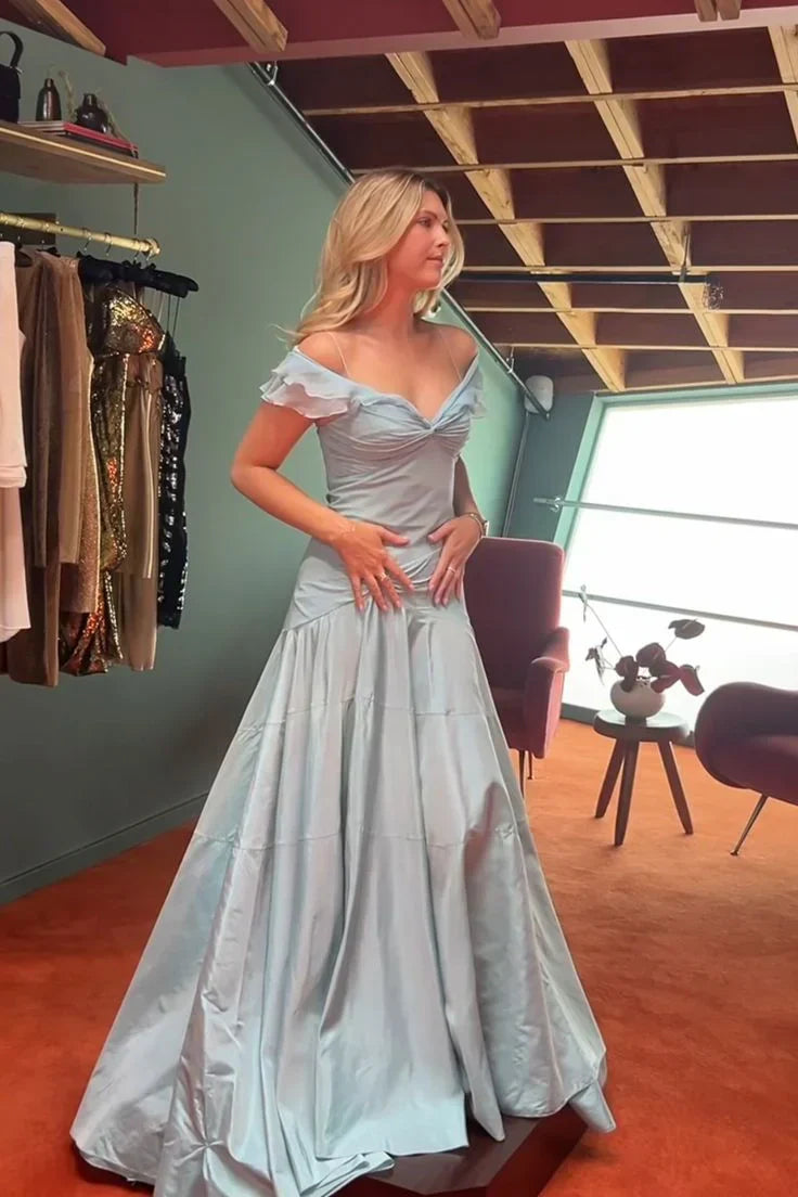 Retro Style A Line Off the Shoulder Grey Blue Long Party Dress with Ruffles