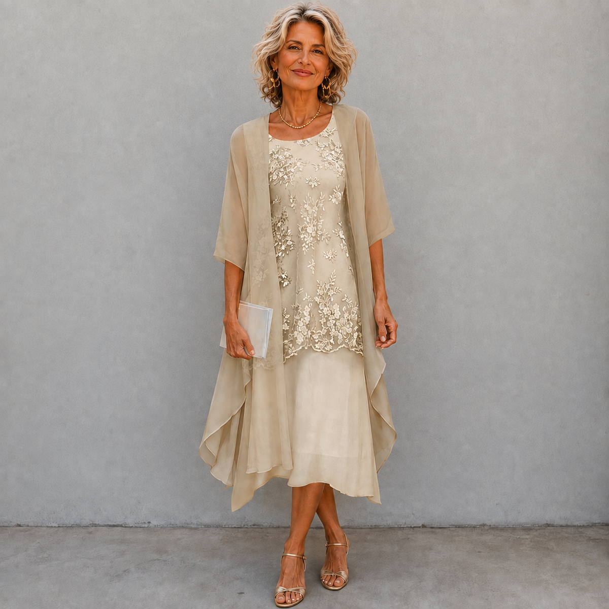 Lace Bodice Chiffon Two Piece Jacket Midi Dress 6