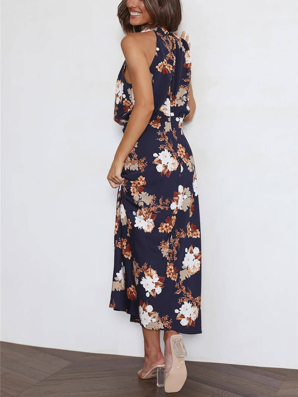 Floral Halter Neck Elastic Waist Maxi Dress - Fashionpara