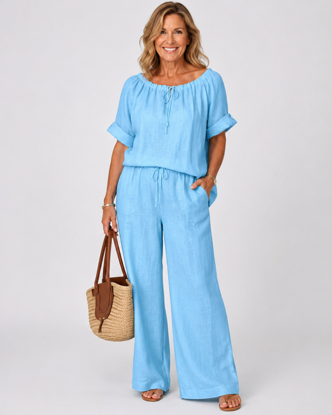 Off Shoulder Top and Wide Leg Pants Two Piece Set 4