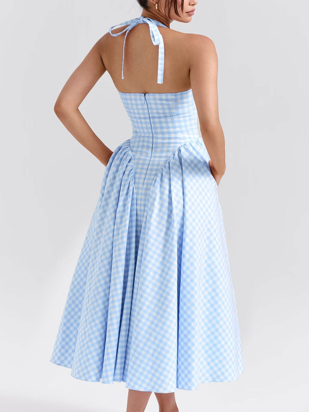 Deep V-Neck Halter Neck Gingham Pleated Midi Dress - View 20