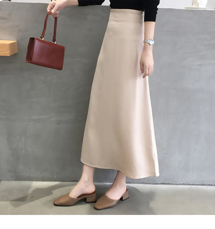 High Waist Glossy Long Satin Office Skirts - Fashionpara