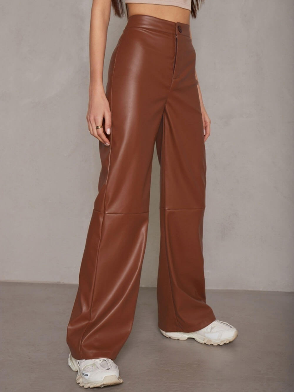 Casual High Waist PU Wide Leg Pants - Fashionpara