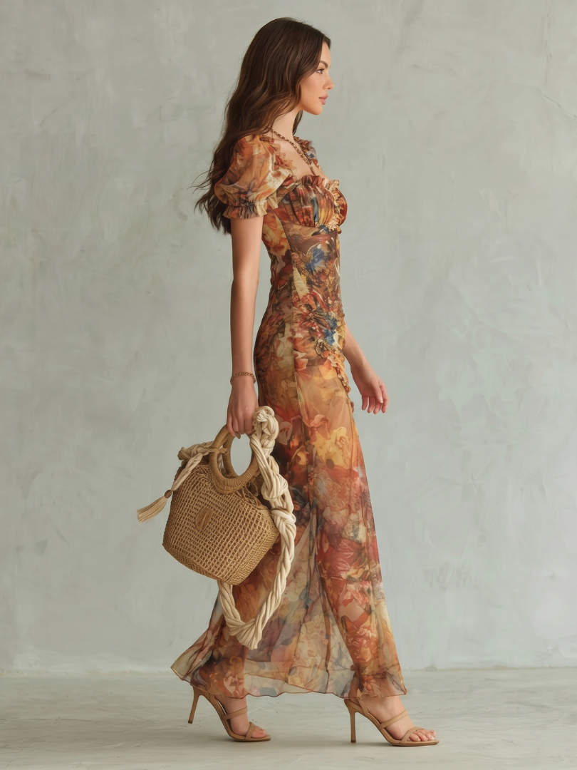 Floral Sweetheart Puff Sleeve Ruched High Split Midi Dress 2