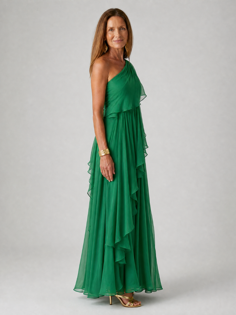 One Shoulder Ruffle Tiered Chiffon Maxi Gown 5