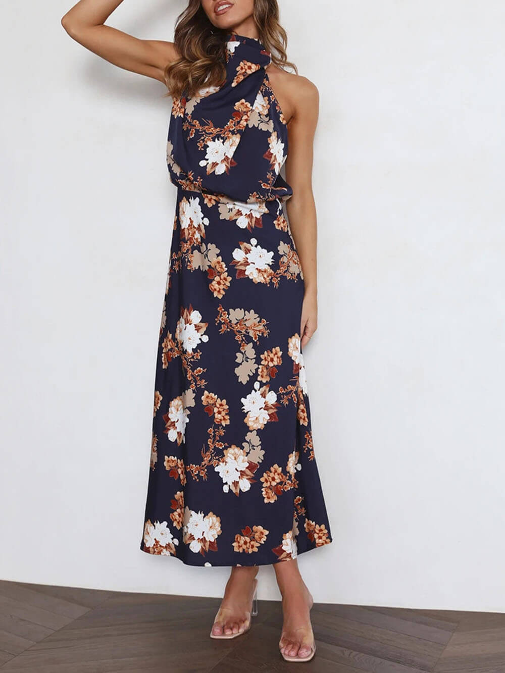 Floral Halter Neck Elastic Waist Maxi Dress - Fashionpara