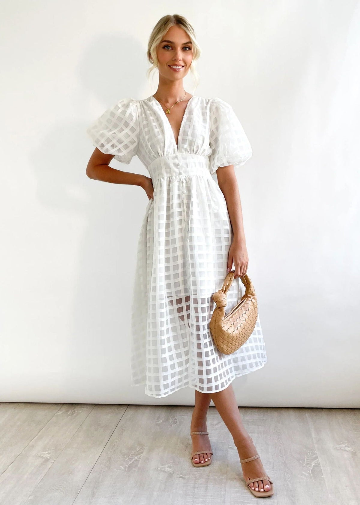 Windowpane Organza V-Neck Puff Sleeve Button-Front Midi Dress 3