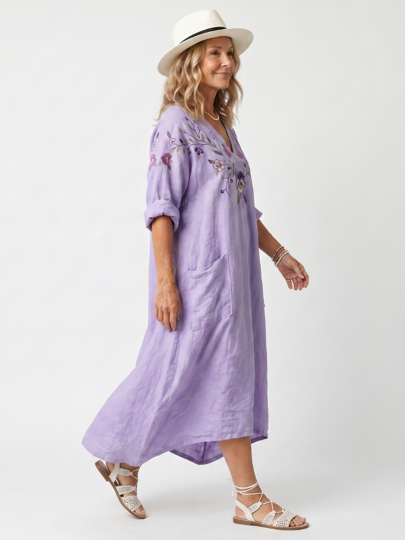 Floral Embroidered V-Neck Pocket Midi Dress 2
