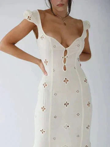 Eyelet Embroidered Cap Sleeve Keyhole Button Front Bodycon Midi Dress