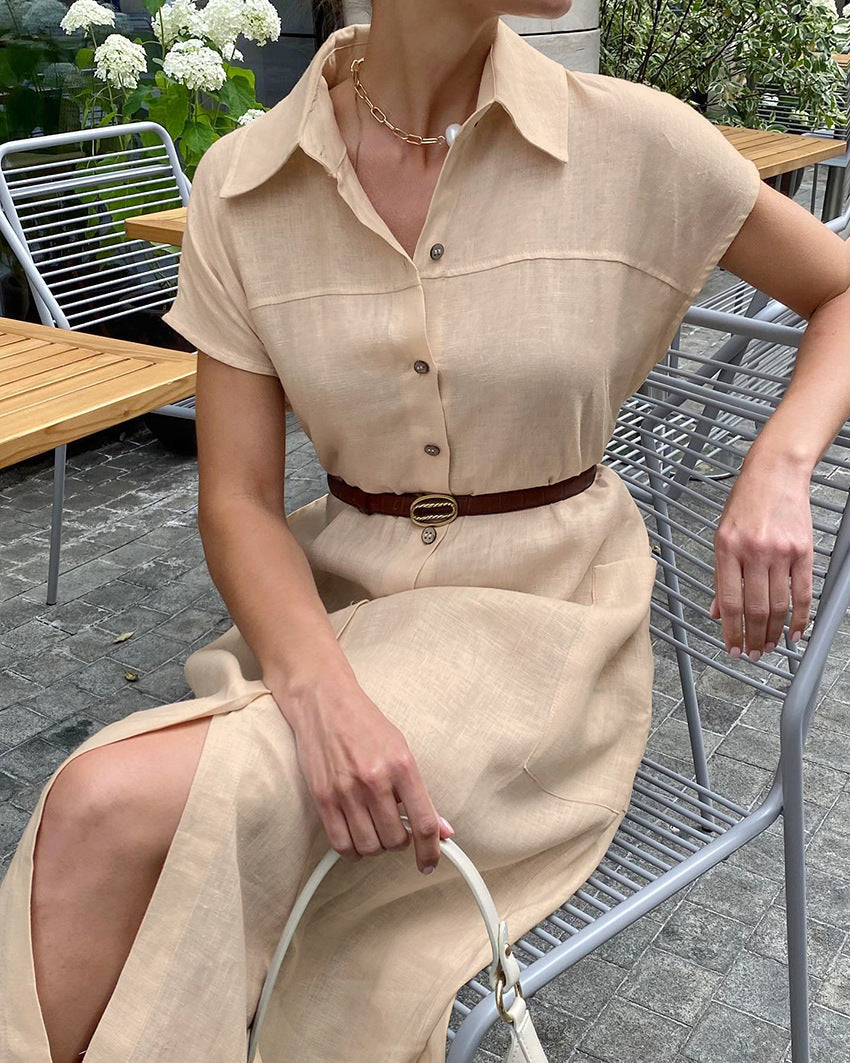 Linen Collared Cap-Sleeve Belted Shirt Midi Dress 4