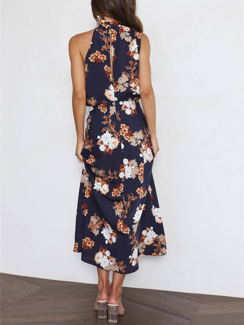 Floral Halter Neck Elastic Waist Maxi Dress - Fashionpara