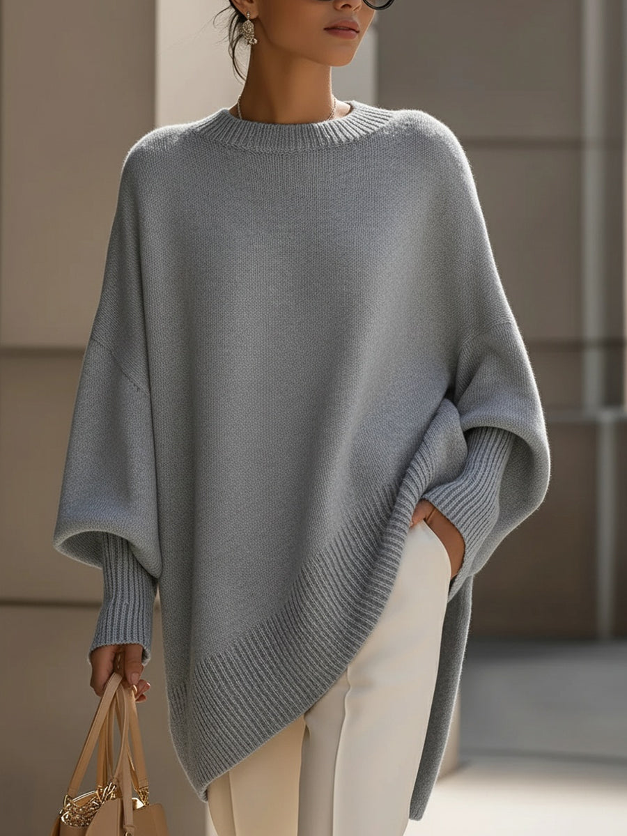Mock Neck Batwing Sleeve Asymmetric Hem Oversized Poncho Sweater 11