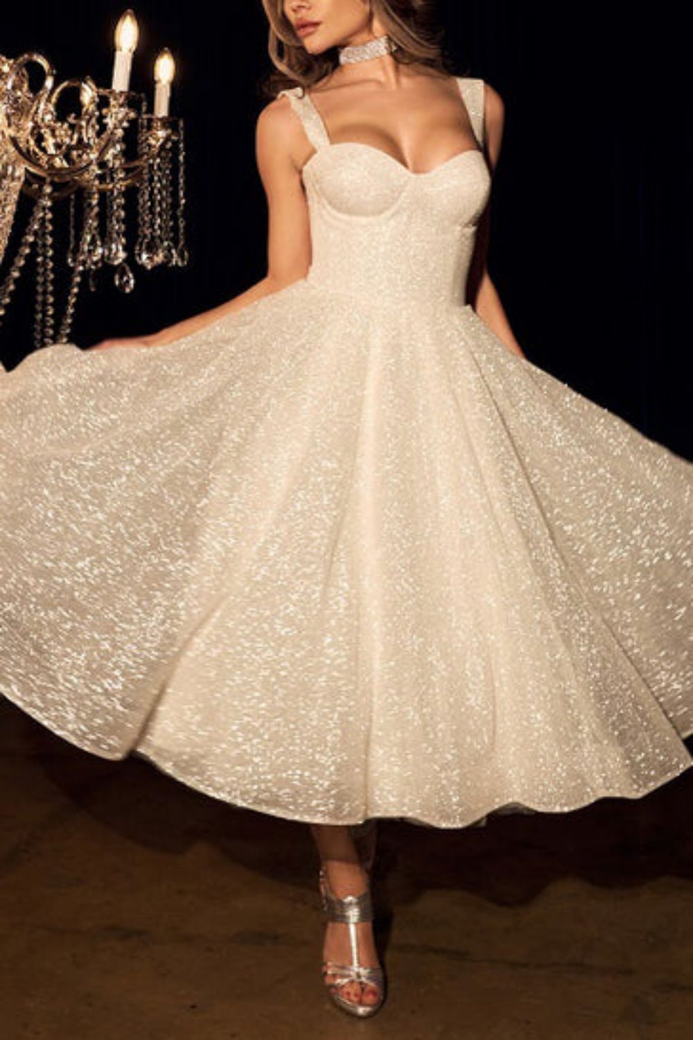 Bling A Line Sweetheart Ivory Sequins Tea Length Bridal Dress with Criss Cross Back - Fashionpara