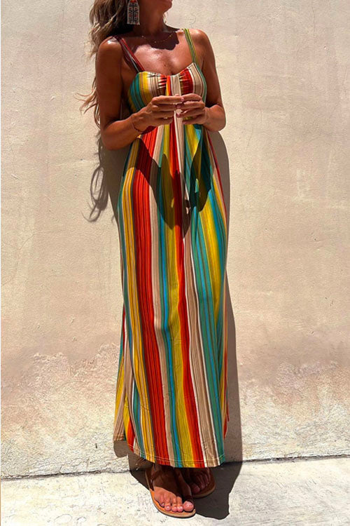 Spaghetti Strap Sleeveless Bow Design Colorful Striped Maxi Vacation Dress - Fashionpara