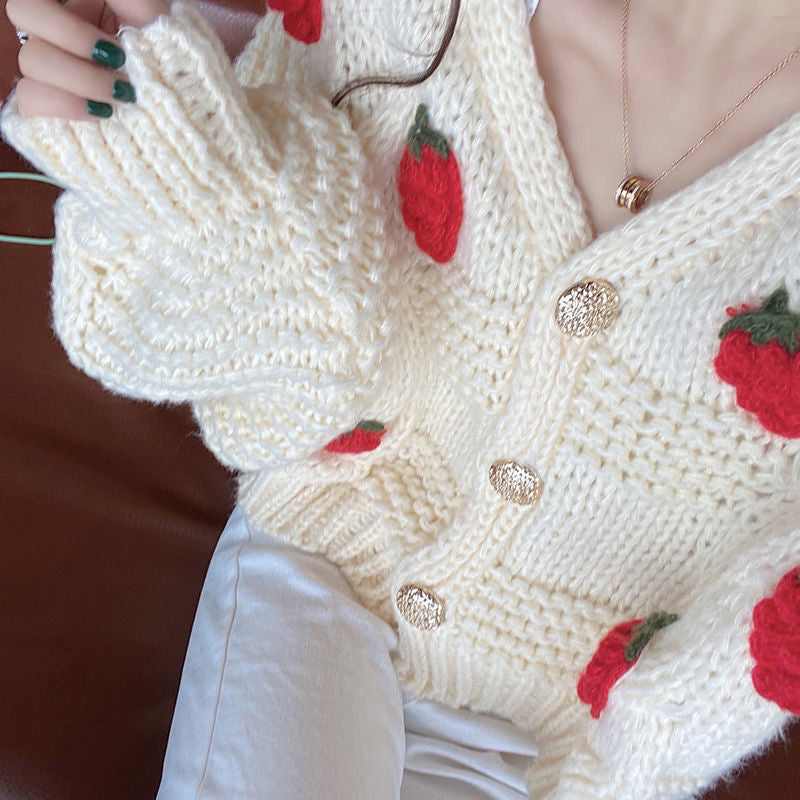 KittenAlarm - Loose Strawbery Pattern Knitted Cardigan Sweater