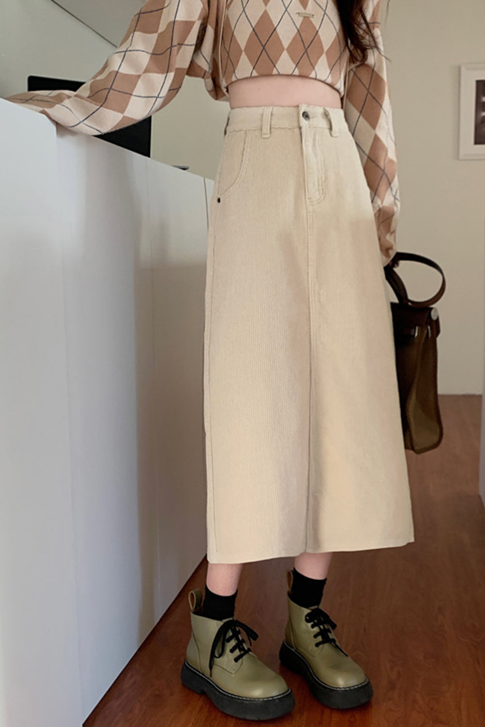 High Waist A-Line Corduroy Long Skirts - Fashionpara