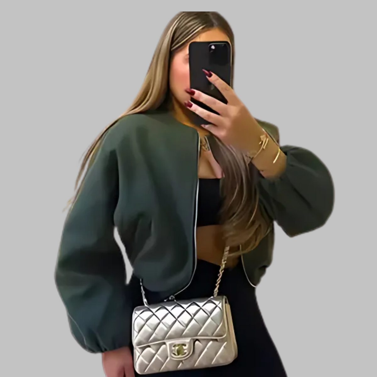 Zip Front Balloon Sleeve Collarless Cropped Bomber Jacket