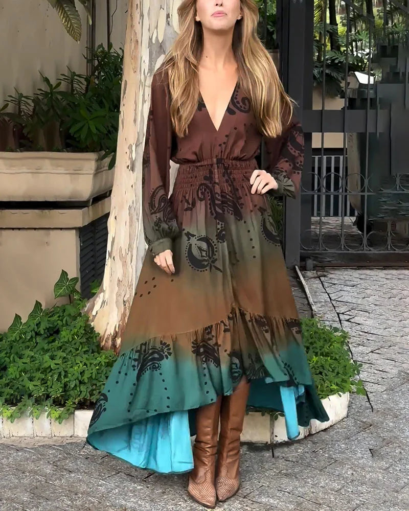 Bohemian resort V-neck printed dress - Fashionpara