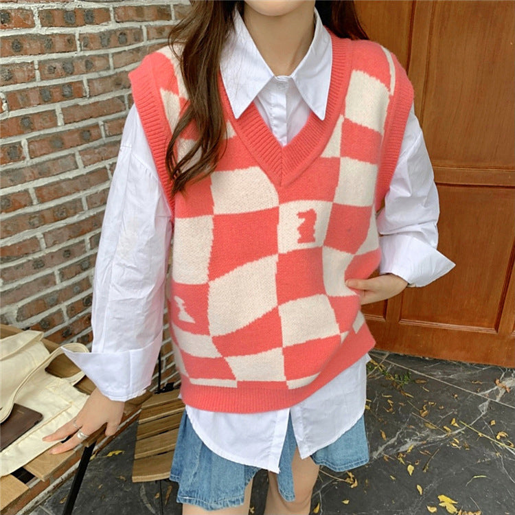 KittenAlarm - Loose Chess Plaid V-Neck Vest Sweater