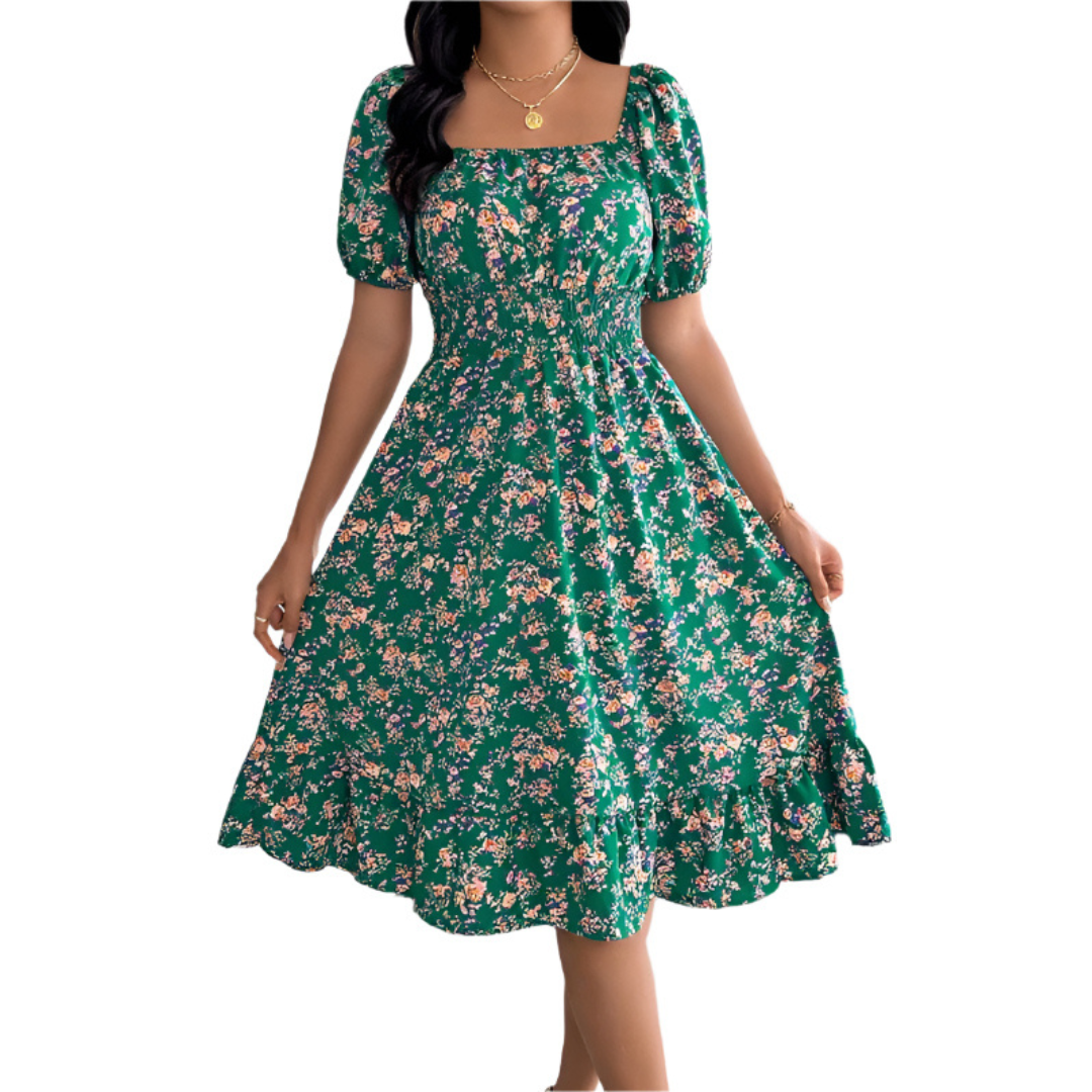 Floral Square Neck Puff Sleeve Smocked Midi Dress 3