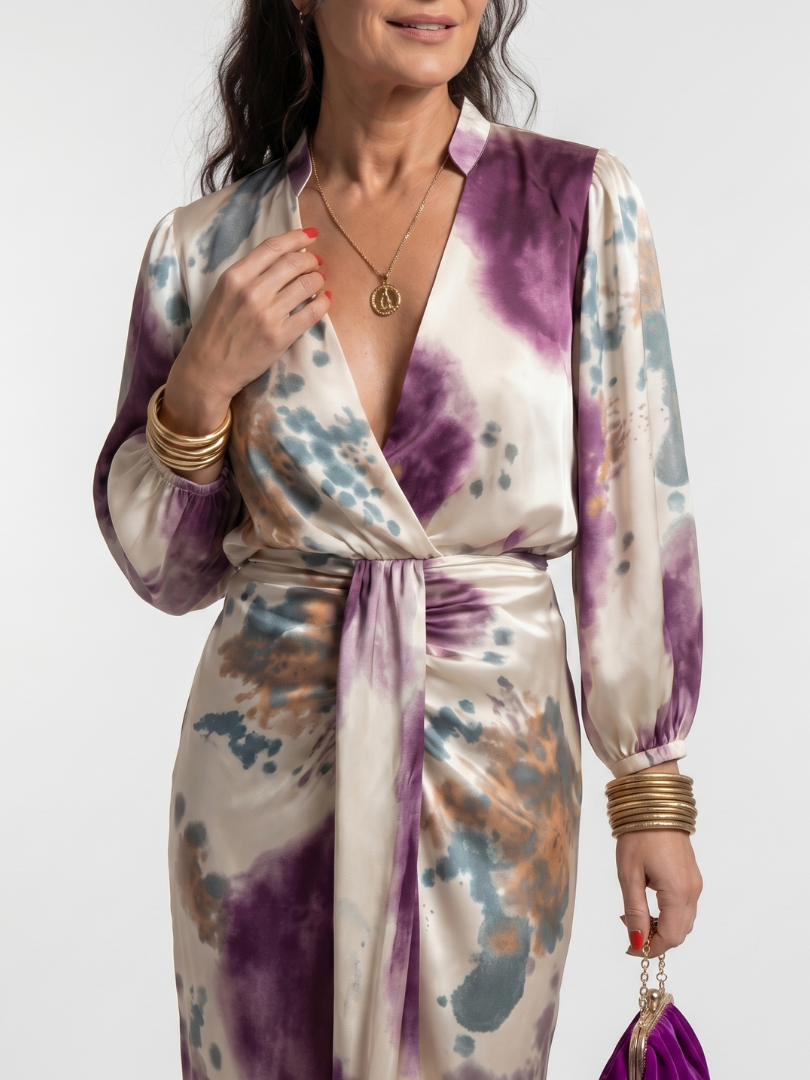 Watercolor Print V-Neck Long Sleeve Wrap Midi Dress 4