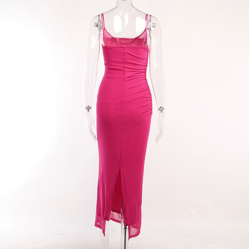 Mesh Lace-Trim Strappy Ruched Bodycon Maxi Dress 3