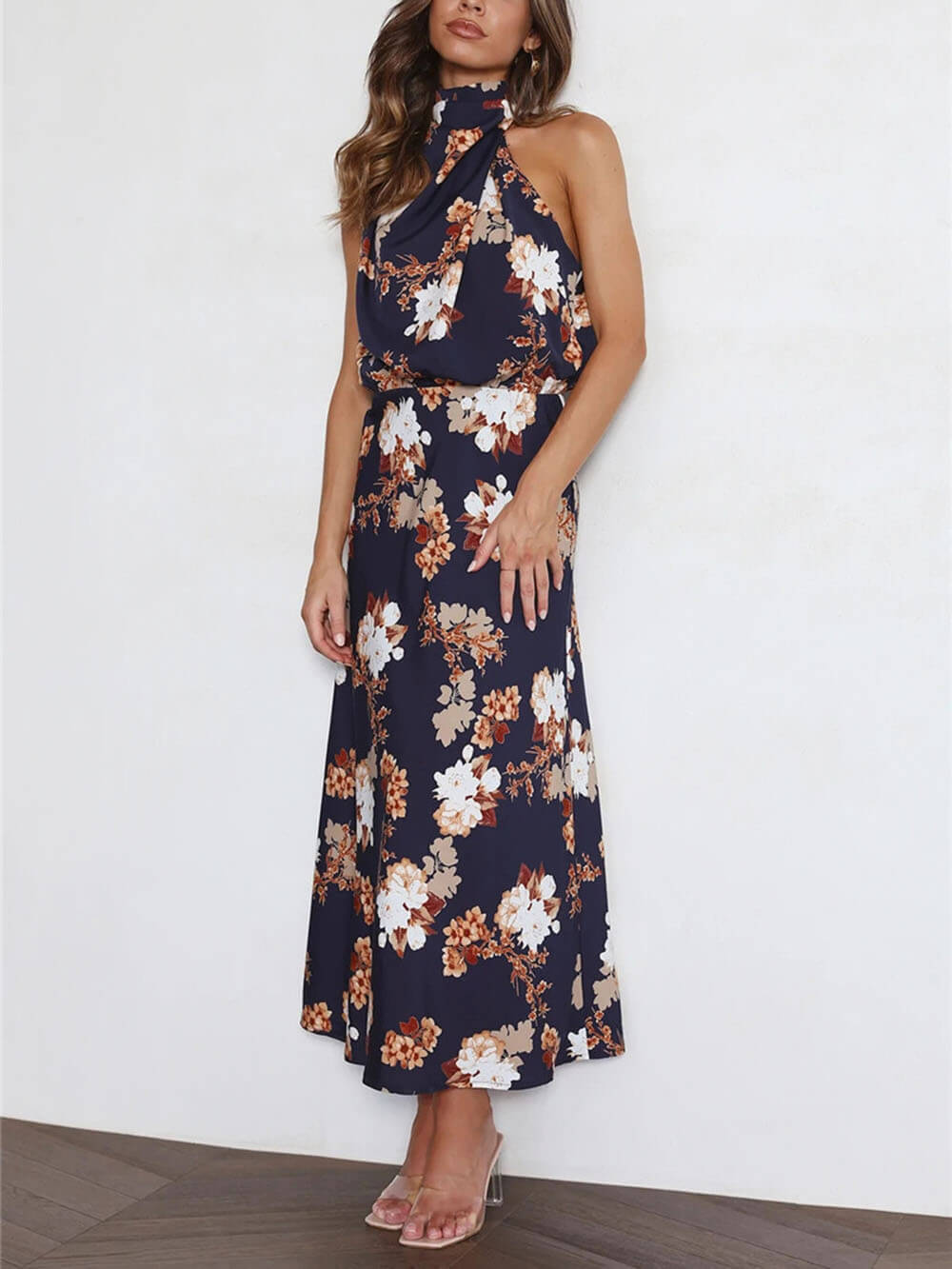 Floral Halter Neck Elastic Waist Maxi Dress - Fashionpara