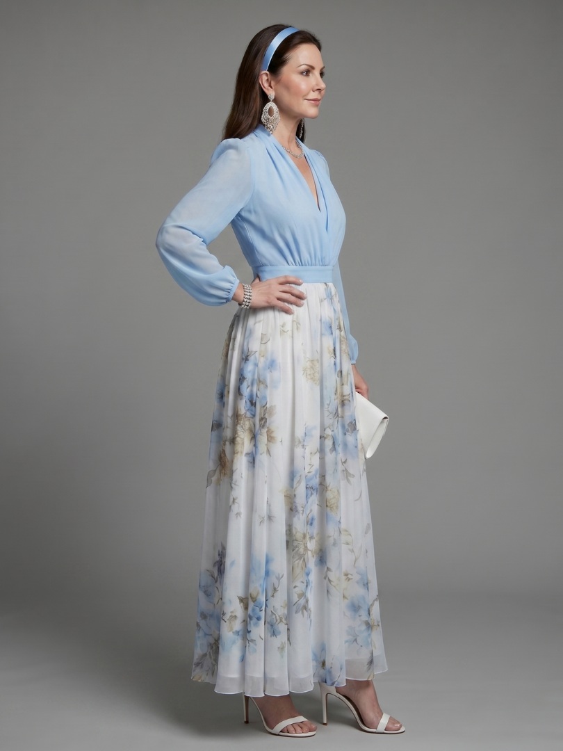 V-Neck Long Sleeve Floral Chiffon Maxi Dress 2