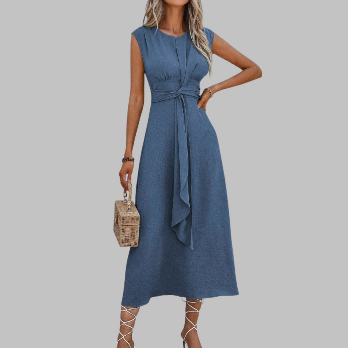 Round Neck Cap Sleeve Tie Waist A-Line Midi Dress
