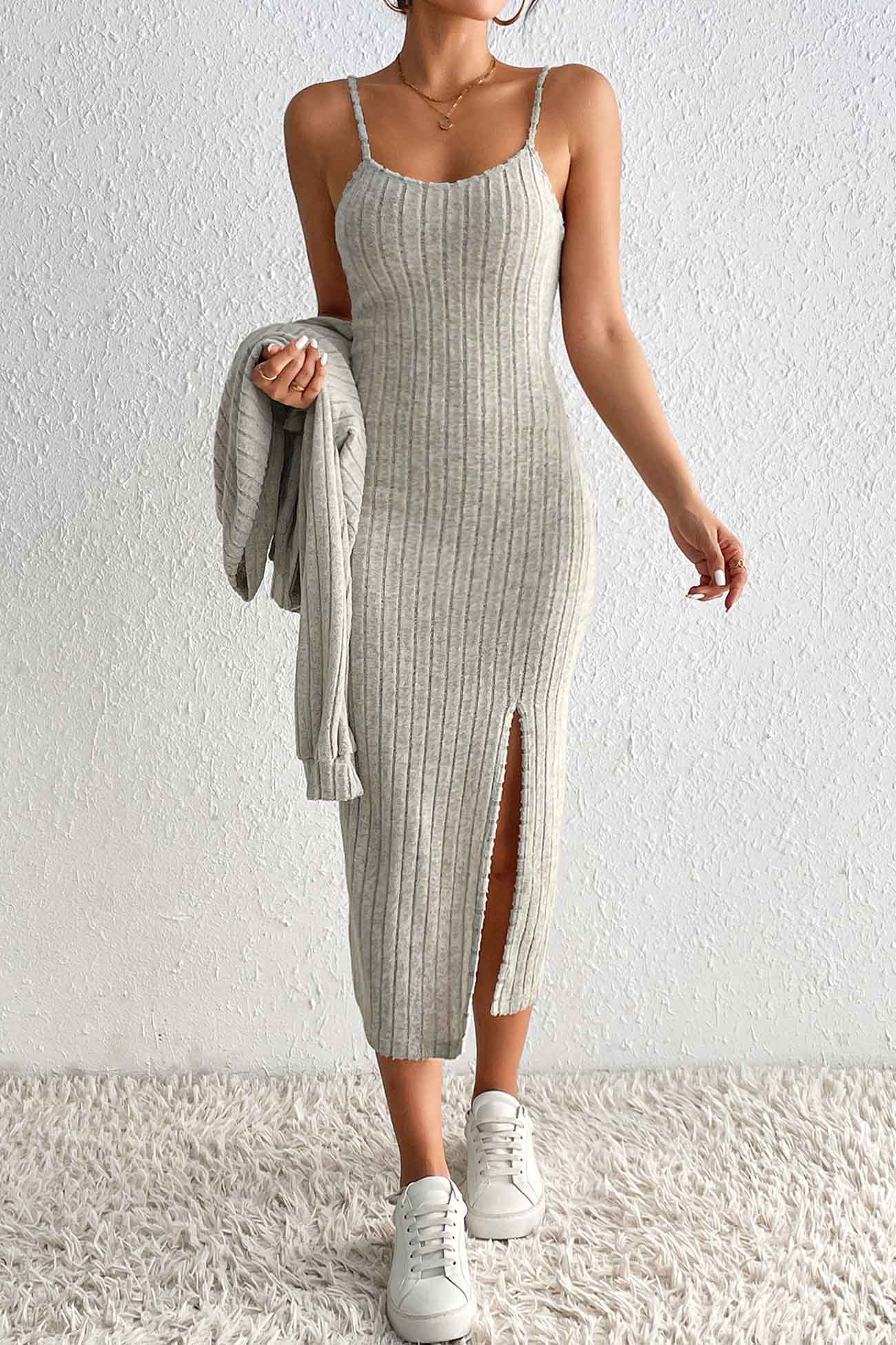 AROLORA Long Sleeve Knitted Cami Dress Cardigan Set